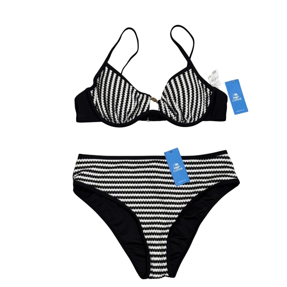 Cupshe Bikini Set Women Medium Black White New Striped High Waisted Underwire‎